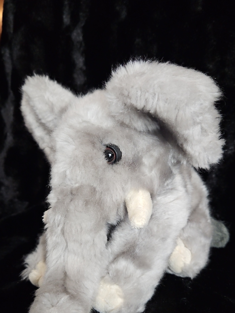 Vintage Super Furry Plush Grey Elephant-Glass Eyes-White Tusks-18" Long